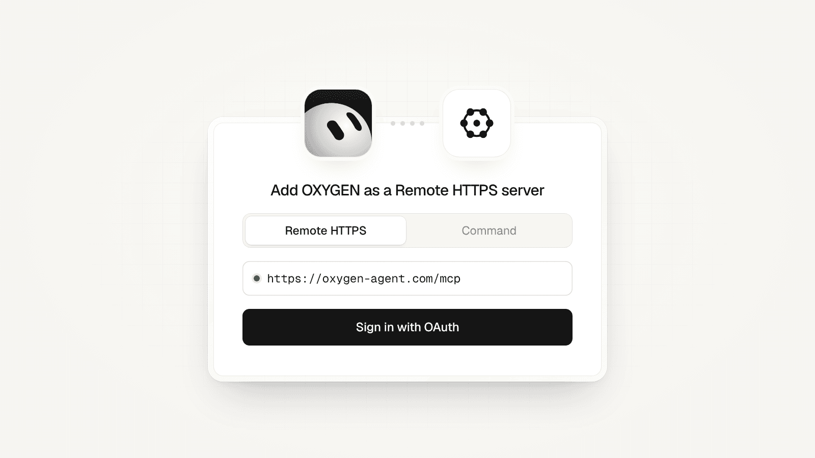 A connect card with the Grok Bot mark linked to the OXYGEN mark: Remote HTTPS, https://getoxygenagents.com/mcp, and Sign in with OAuth.
